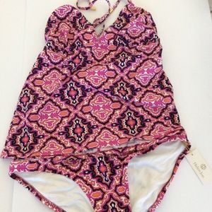 Helen Jon Tankini Swimsuit Set Medium Halter Top Geometric Print